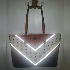 MCM Stark Chevron Vesisto Leather Monogram Tote Bag Cognac 100% Authentic